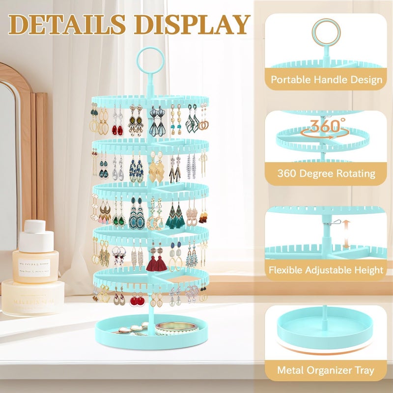 MODOWEY 5 Tier Rotating Earring Holder Organizer Display Tree with Metal Tray, Adjustable Plastic Stand with 285 Slots for Stud Hoop Hanger, Large Capacity Storage Rack for Women Space Saving, Blue - Image 3